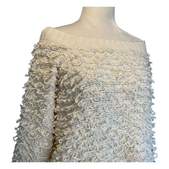 Forever 21 Off The Shoulder Sweater Cream Shaggy Loop Knit Long Sleeves S - Picture 2 of 7